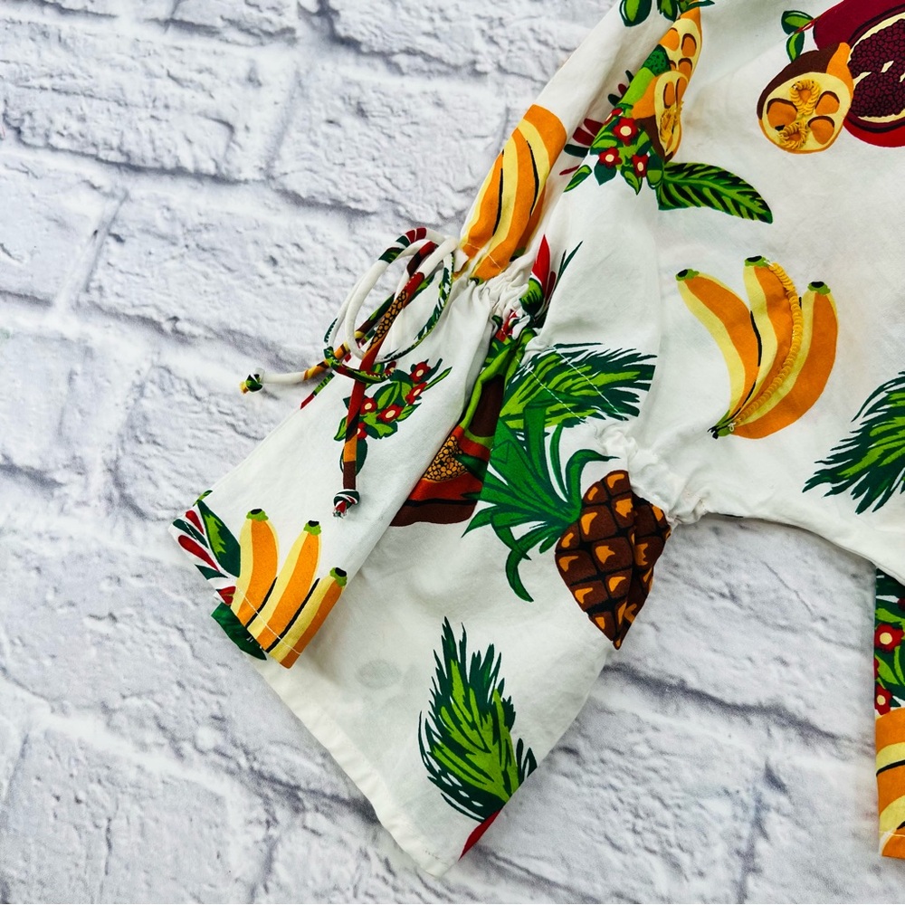 Zara White Cropped Blouse Tropical Fruit Print Medium Bell Sleeve Summer - Picture 8 of 8